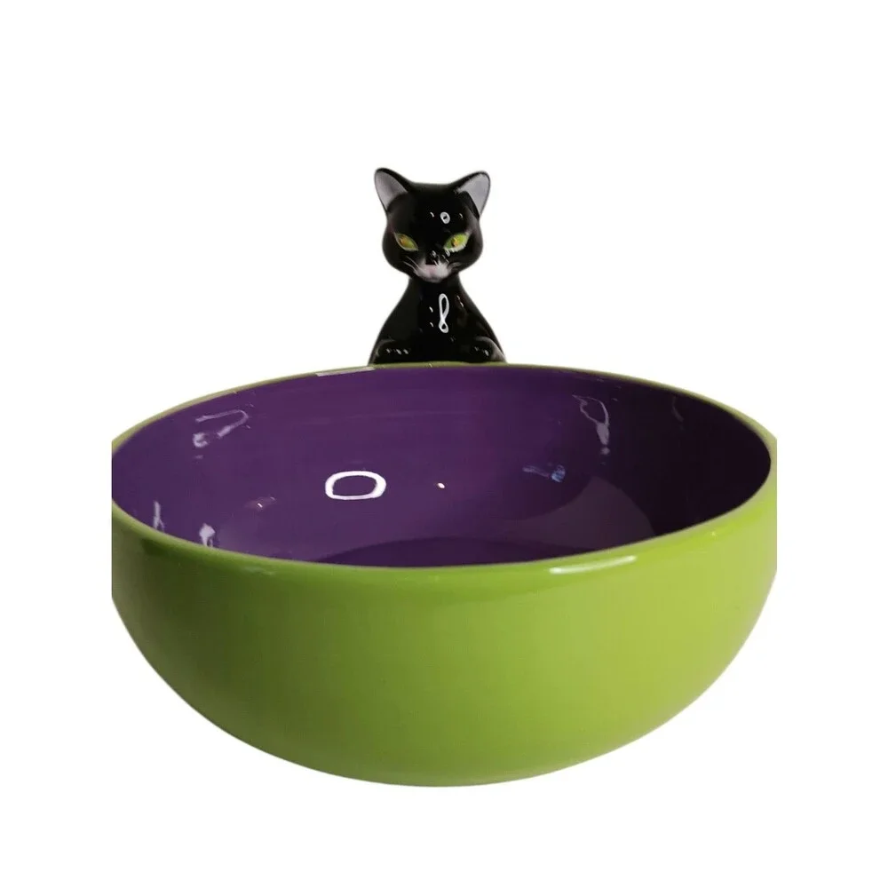 Halloween Black Cat Purple & Green Ceramic Candy Bowl By Harry & David VTG 2005
